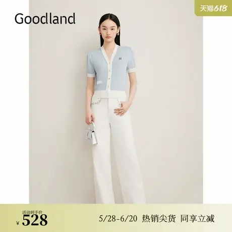 Goodland美地夏季撞色小香风毛针织衫法式V领泡泡袖上衣图片