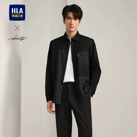 HLA/海澜之家长袖外套黑色衬衫24秋新条纹口袋磨毛潮流拼接上衣男商品大图
