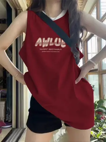 纯棉吊带背心无袖t恤女2024新款夏外穿美式复古宽松港风挂脖上衣图片