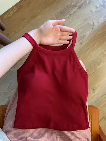纯欲辣妹红色挂脖背心吊带女夏季设计感带胸垫修身无袖短款上衣潮图片