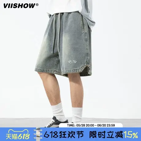 VIISHOW美式复古水洗直筒牛仔短裤男潮牌嘻哈街头宽松阔腿五分裤商品大图