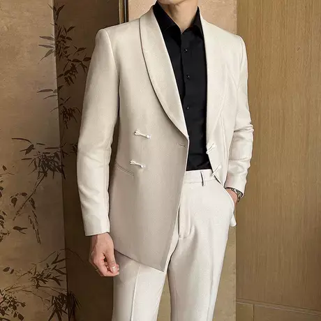 中国风纽扣结晚宴西装男2025春夏新中式青果领西服两件套新郎礼服图片