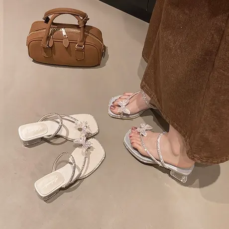 水晶跟拖鞋女夏外穿2025新款春季高跟鞋配裙子绝美法式粗跟凉拖鞋商品大图