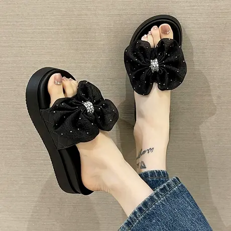 凉拖鞋女夏季网红外穿百搭时尚蝴蝶结松糕厚底增高沙滩防滑一字拖商品大图