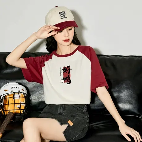 唐狮国潮圆领短袖T恤女2024新款夏季撞色插肩袖上衣女设计感sz商品大图