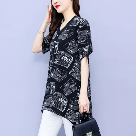 大码中长款雪纺衫女2023夏季新款时尚胖MM短袖宽松显瘦遮肚子小衫商品大图