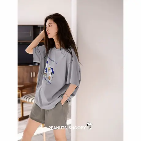 贝妍凉感睡衣女款夏季纯棉短袖短裤家居服可爱史努比少女宽松套装商品大图