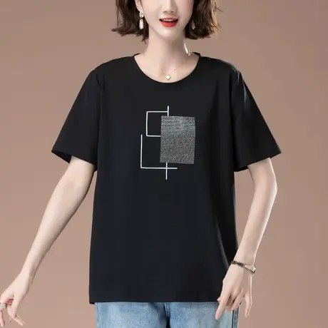 夏季加大码短袖T恤女装休闲中年胖妈妈宽松显瘦烫钻纯棉圆领上衣图片