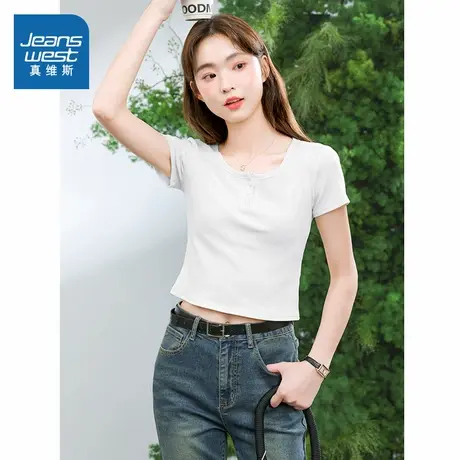 KMV真维斯白色短袖t恤女2025新款春夏小众设计感上衣u领修身体恤商品大图