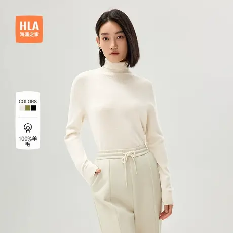 HLA/海澜之家纯羊毛针织衫2024秋冬新款纯色可翻高领套头毛衣女装商品大图