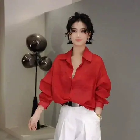 高级感薄款红色衬衫女外套2025春季新款宽松休闲衬衣防晒服上衣潮商品大图