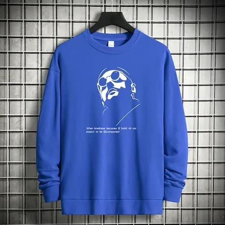 克莱因蓝重磅纯棉卫衣男加绒加厚摇粒绒保暖无帽上衣圆领长袖t恤商品大图