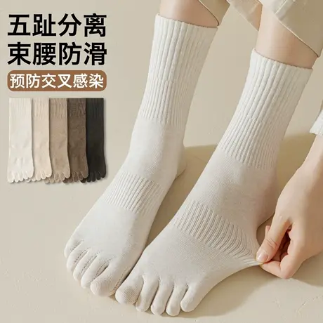 五指袜子女中筒袜春秋款纯棉抗菌防臭防脚气吸汗无骨长筒分趾袜女商品大图