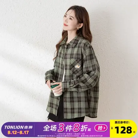 唐狮2025年新款长袖衬衫女绿色格子翻领宽松前胸趣味刺绣上衣bl图片
