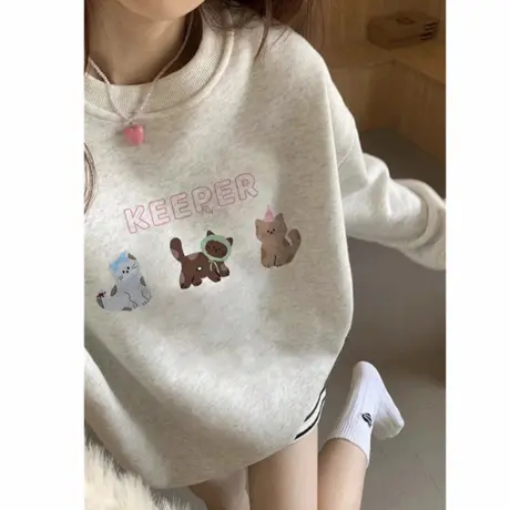 小个子圆领卫衣女早秋2025新款爆款套头美式复古无帽宽松长袖上衣商品大图