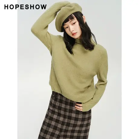 红袖outlets不对称半高领针织衫hopeshow2023冬套头拼接宽松毛衣商品大图