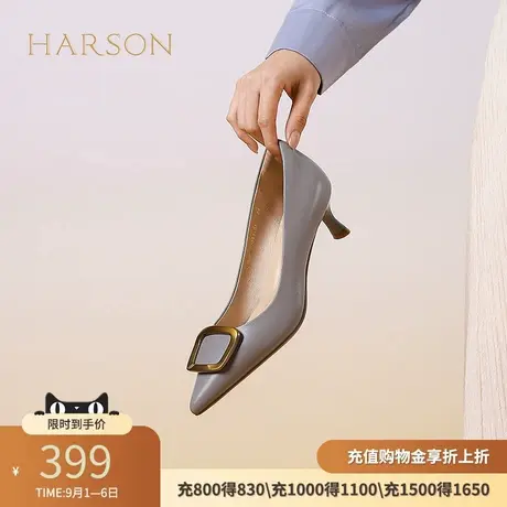 哈森优雅知性尖头小跟鞋新款羊皮金属方扣女单鞋HS247162商品大图
