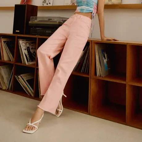 桔熊夏季休闲舒适纯色高腰裤脚毛边落地直筒长裤子女大码BA7075图片