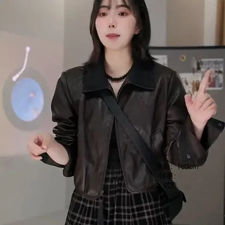 2025春秋新款黑色夹克短款拉链美式复古港风小个子爆款皮衣外套女商品大图