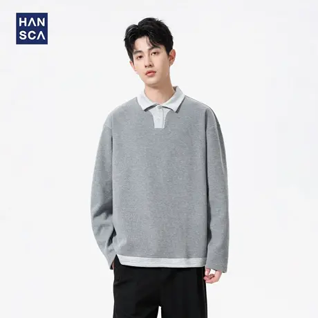 hansca撞色拼接假两件长袖POLO衫男士2025新秋季380g重磅翻领上衣商品大图