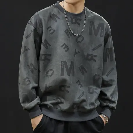 麂皮绒潮牌卫衣男秋冬款圆领男款衣服秋季2023新款长袖大码春秋款图片