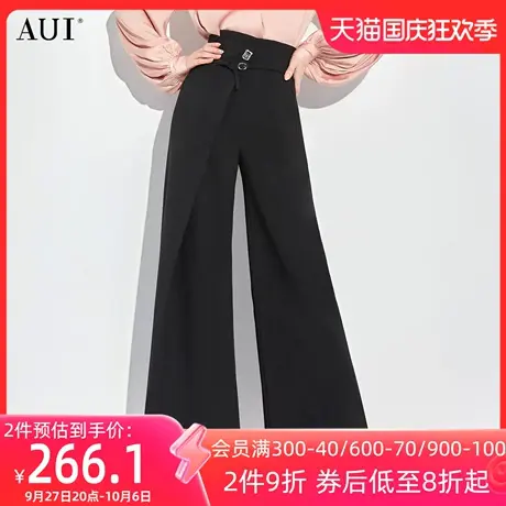 AUI黑色设计感职业气质长裤女2023春新款小众直筒高腰阔腿裤西裤图片