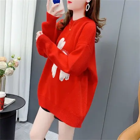 日系复古圣诞红色圆领毛衣女套头2022年新款秋冬宽松卡通洋气上衣商品大图