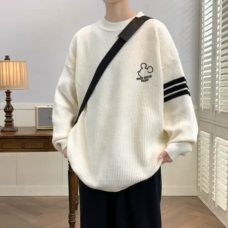 2023新款圆领毛衣男秋冬季加厚白色针织衫青少年学生大童宽松线衣商品大图