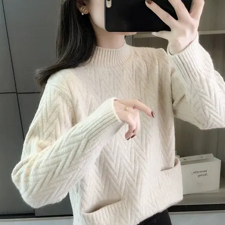 半高领毛衣女士打底衫加厚秋冬季2023新款简约百搭针织衫宽松上衣图片