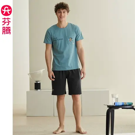 芬腾男士睡衣纯棉夏季圆领薄款短袖短裤休闲可外穿全棉家居服套装商品大图