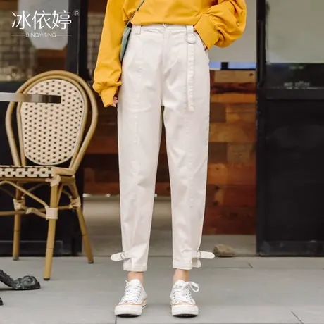 清仓春秋弹力飘带休闲裤女宽松韩版高腰奶奶裤学生工装老爹裤子潮图片