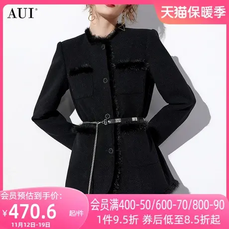 AUI黑色名媛气质小香风外套女2023秋冬新款欧美风圆领修身上衣厚商品大图