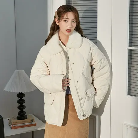 唐狮冬季仿兔毛领菱格羽绒服女装外套加厚宽松保暖衣服休闲运动潮商品大图