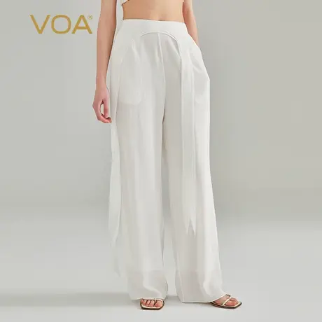 VOA茶白色双层纯桑蚕丝松紧腰侧口袋立体活页装饰透气真丝阔腿裤图片