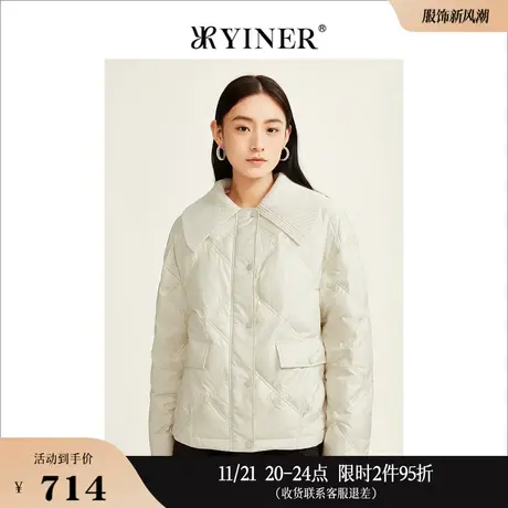 YINER音儿线上专选女装冬大翻领针织衬衫式衍缝羽绒服高级感图片