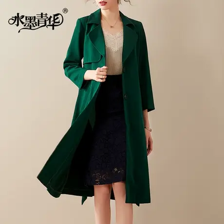 水墨青华2024春装新品时尚保暖长袖中长款外套修身系带风衣女大衣图片