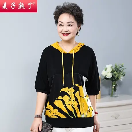 妈妈夏装连帽印花卫衣2022新款阔太太拼接休闲上衣服中老年人女装商品大图
