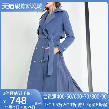 aui时尚呢子大衣女2022秋冬新款女装雾霾蓝中长款气质毛呢外套潮商品大图