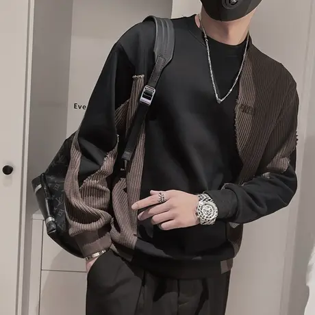 秋季男士卫衣t恤拼色拼接打底衫个性ins潮牌外套长袖套头修身潮流商品大图