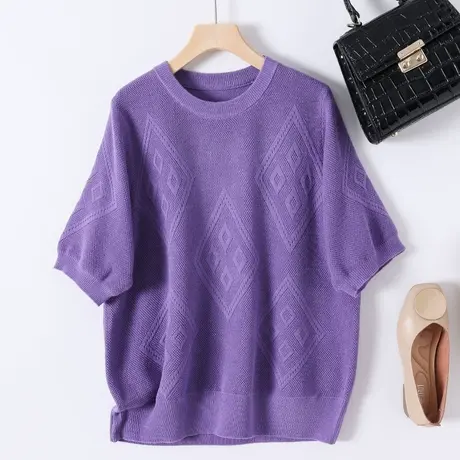 2023春季新款韩版宽松圆领镂空五分袖针织衫套头毛衣女上衣空调衫商品大图