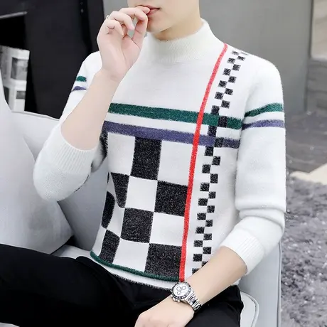 秋冬季加厚半高领毛衣男潮流设计感仿水貂绒保暖打底衫针织线衣服商品大图