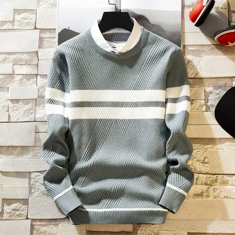 秋冬季男士假两件长袖t恤潮流加绒打底针织衫男装卫衣上衣服秋衣商品大图