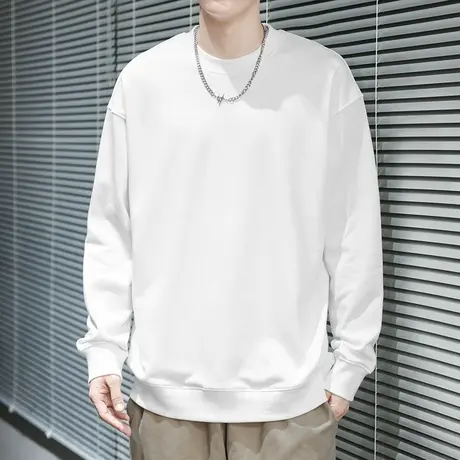 350g美式重磅卫衣男潮牌摇粒绒加绒加厚纯色白色圆领无帽长袖t恤商品大图