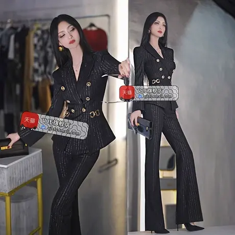 VJE早秋条纹西装外套微喇叭裤两件套新款商务正装套装商品大图