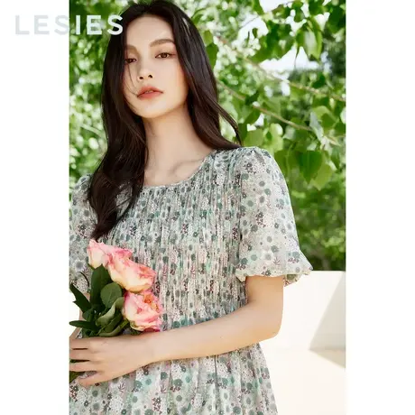 蓝色倾情春夏季女装新款 泡泡袖高腰淑女短袖显瘦碎花连衣裙图片