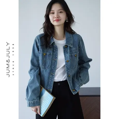 嘉茱莉2023秋冬新款1OO棉牛仔衬衫女短款水洗牛仔外套小个子上衣商品大图
