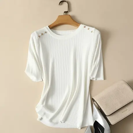 冰丝针织衫短袖t恤女2024春夏新款圆领短款显瘦薄款打底衫女上衣商品大图