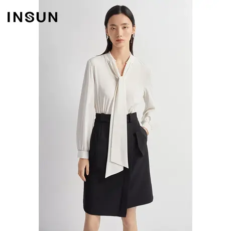 INSUN恩裳秋季醋酸黑白撞色拼接连衣裙图片