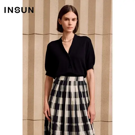 INSUN恩裳夏季时尚灯笼袖修身真丝针织衫商品大图