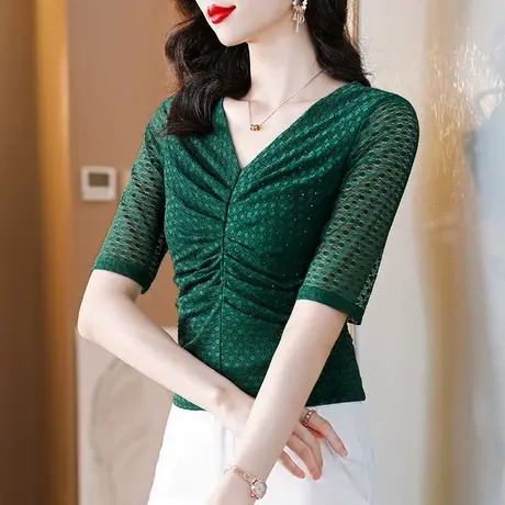 性感V领五分袖T恤女士夏装2024新款时尚褶皱烫钻小衫修身网纱上衣图片